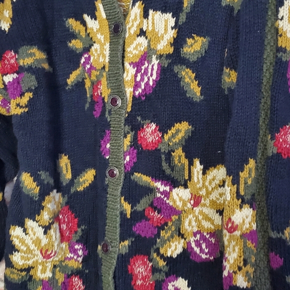 Vintage Robin Sinkler sweater woman's M/L cotton blend cardigan floral design - Picture 3 of 7